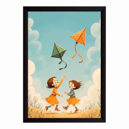 Kids Kite Flying Wall Art | Whimsical Cartoon Adventure Print