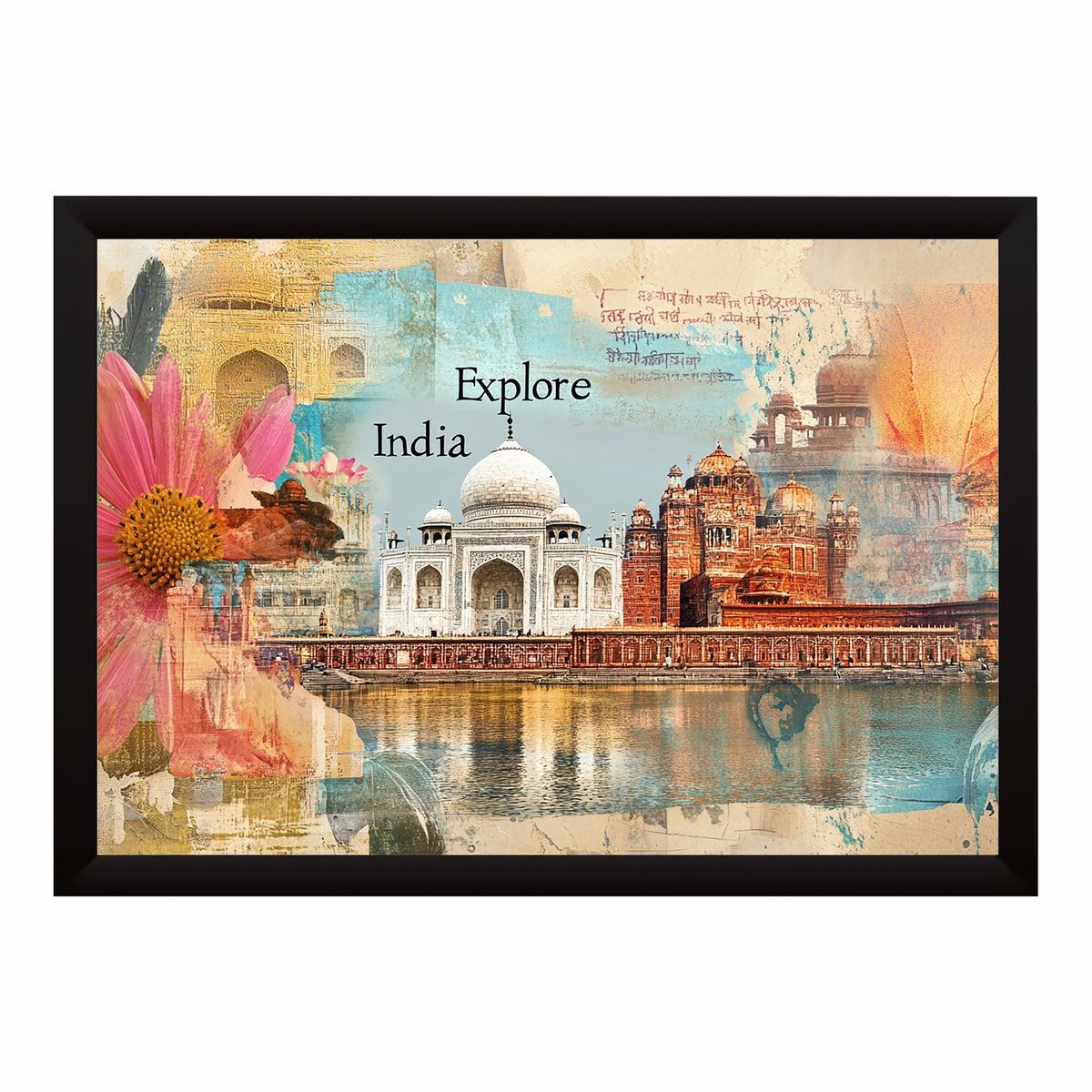 Explore India Wall Art | Taj Mahal & Heritage Landmarks Canvas | Vintage Travel Collage Poster
