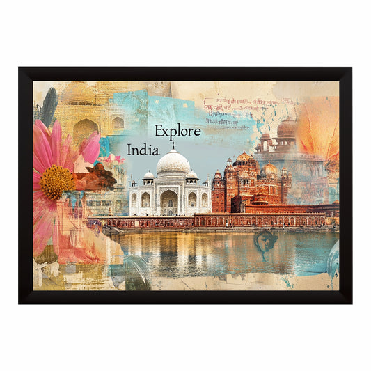 Explore India Wall Art | Taj Mahal & Heritage Landmarks Canvas | Vintage Travel Collage Poster