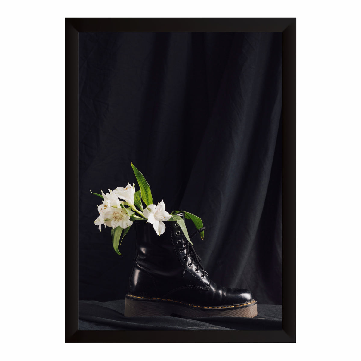 Boot Wall Art | Black Combat Boot & White Flowers Artwork | Fashion Photography Wall Decor | Modern Floral Poster