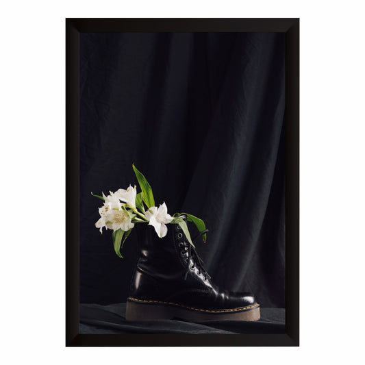 Boot Wall Art | Black Combat Boot & White Flowers Artwork | Fashion Photography Wall Decor | Modern Floral Poster