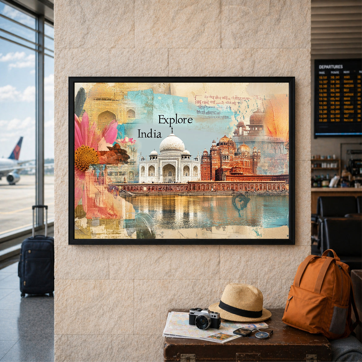 Explore India Wall Art | Taj Mahal & Heritage Landmarks Canvas | Vintage Travel Collage Poster