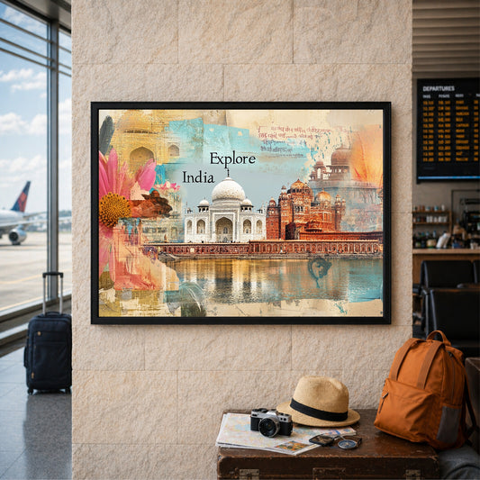 Explore India Wall Art | Taj Mahal & Heritage Landmarks Canvas | Vintage Travel Collage Poster