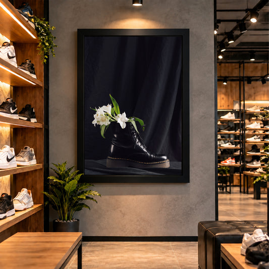 Boot Wall Art | Black Combat Boot & White Flowers Artwork | Fashion Photography Wall Decor | Modern Floral Poster