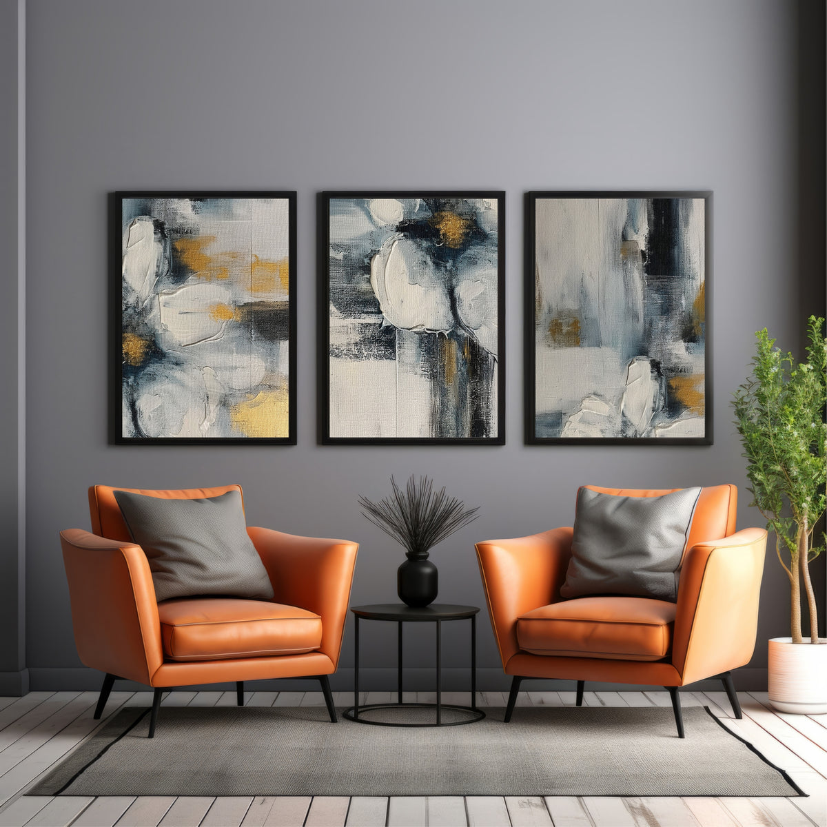 Abstract Wall Art Set of 3 | Blue & Gold Modern Decor