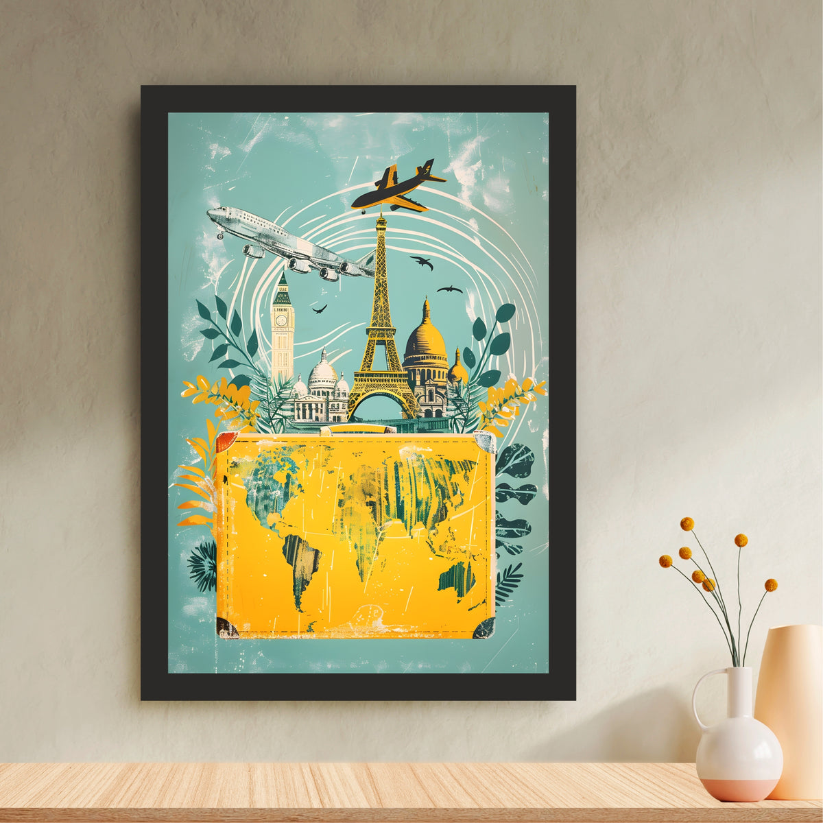 Paris Travel Map Wall Art | Eiffel Tower & World Map Vintage Poster