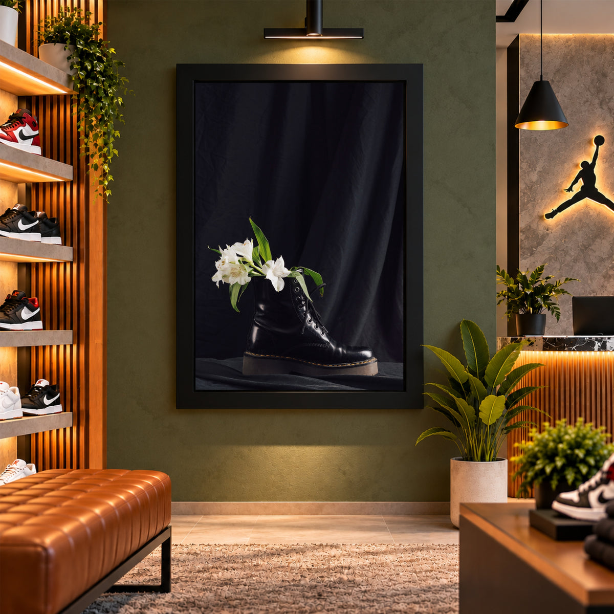 Boot Wall Art | Black Combat Boot & White Flowers Artwork | Fashion Photography Wall Decor | Modern Floral Poster