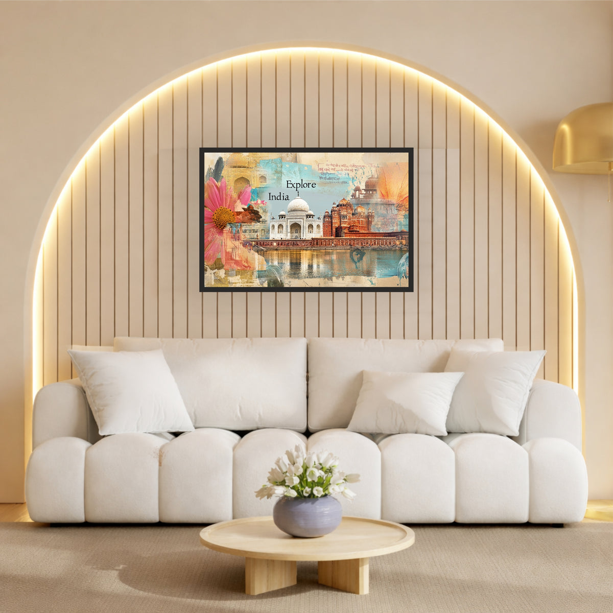 Explore India Wall Art | Taj Mahal & Heritage Landmarks Canvas | Vintage Travel Collage Poster