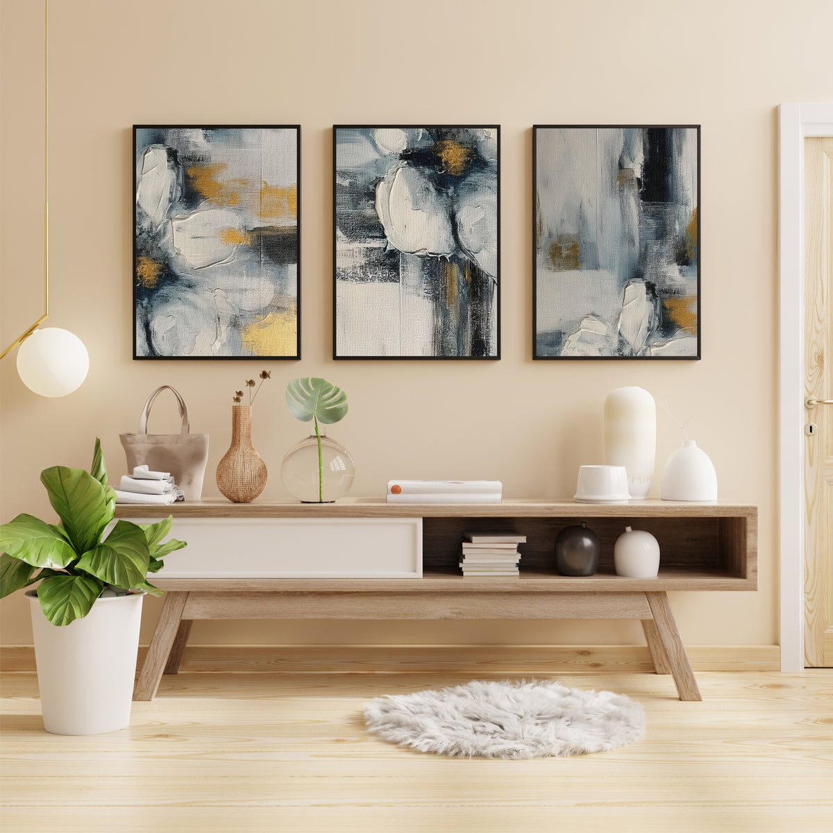 Abstract Wall Art Set of 3 | Blue & Gold Modern Decor