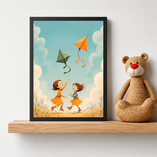 Kids Kite Flying Wall Art | Whimsical Cartoon Adventure Print