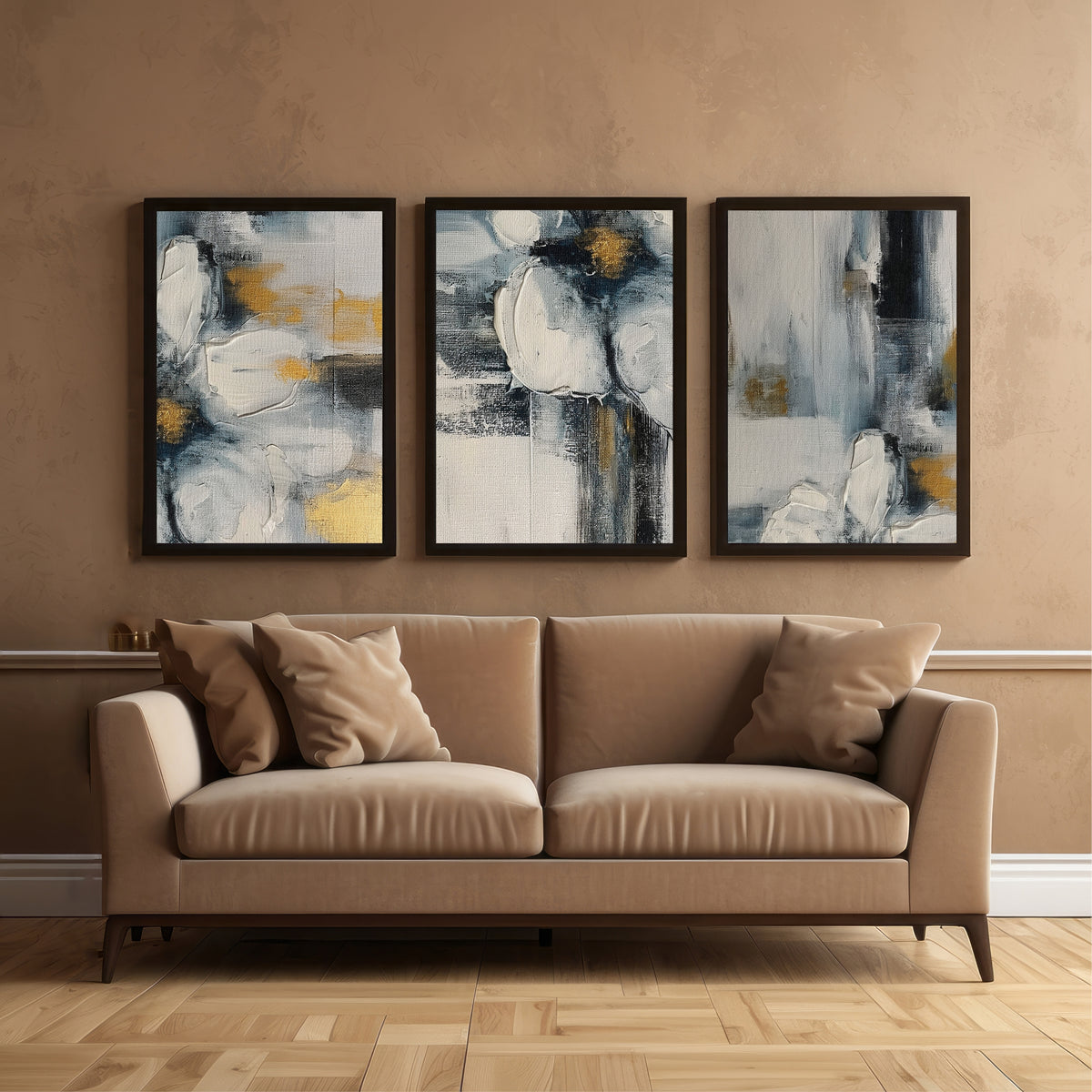 Abstract Wall Art Set of 3 | Blue & Gold Modern Decor