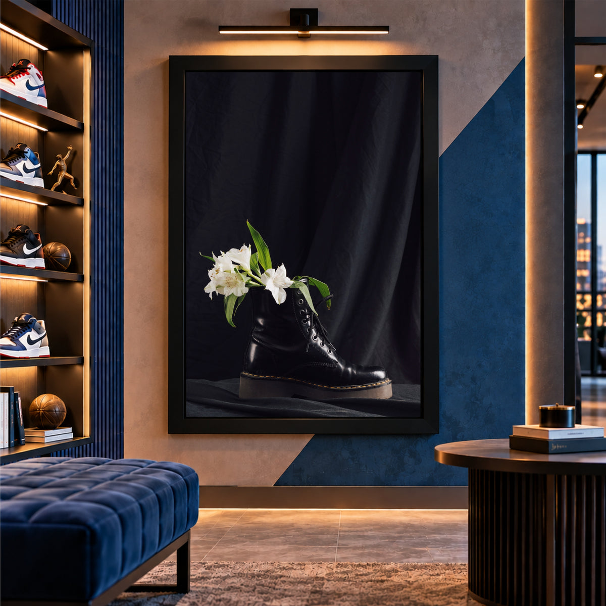 Boot Wall Art | Black Combat Boot & White Flowers Artwork | Fashion Photography Wall Decor | Modern Floral Poster