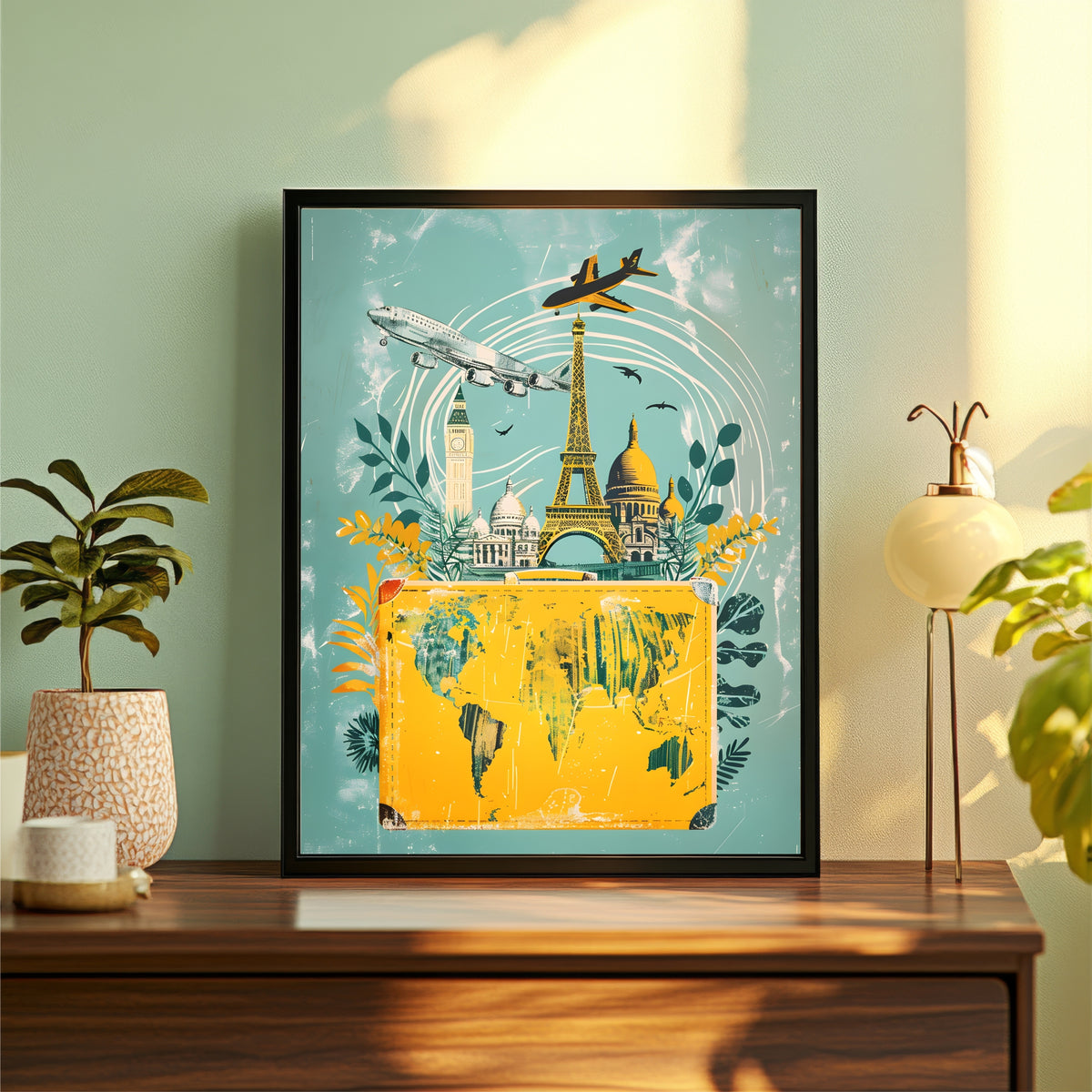 Paris Travel Map Wall Art | Eiffel Tower & World Map Vintage Poster