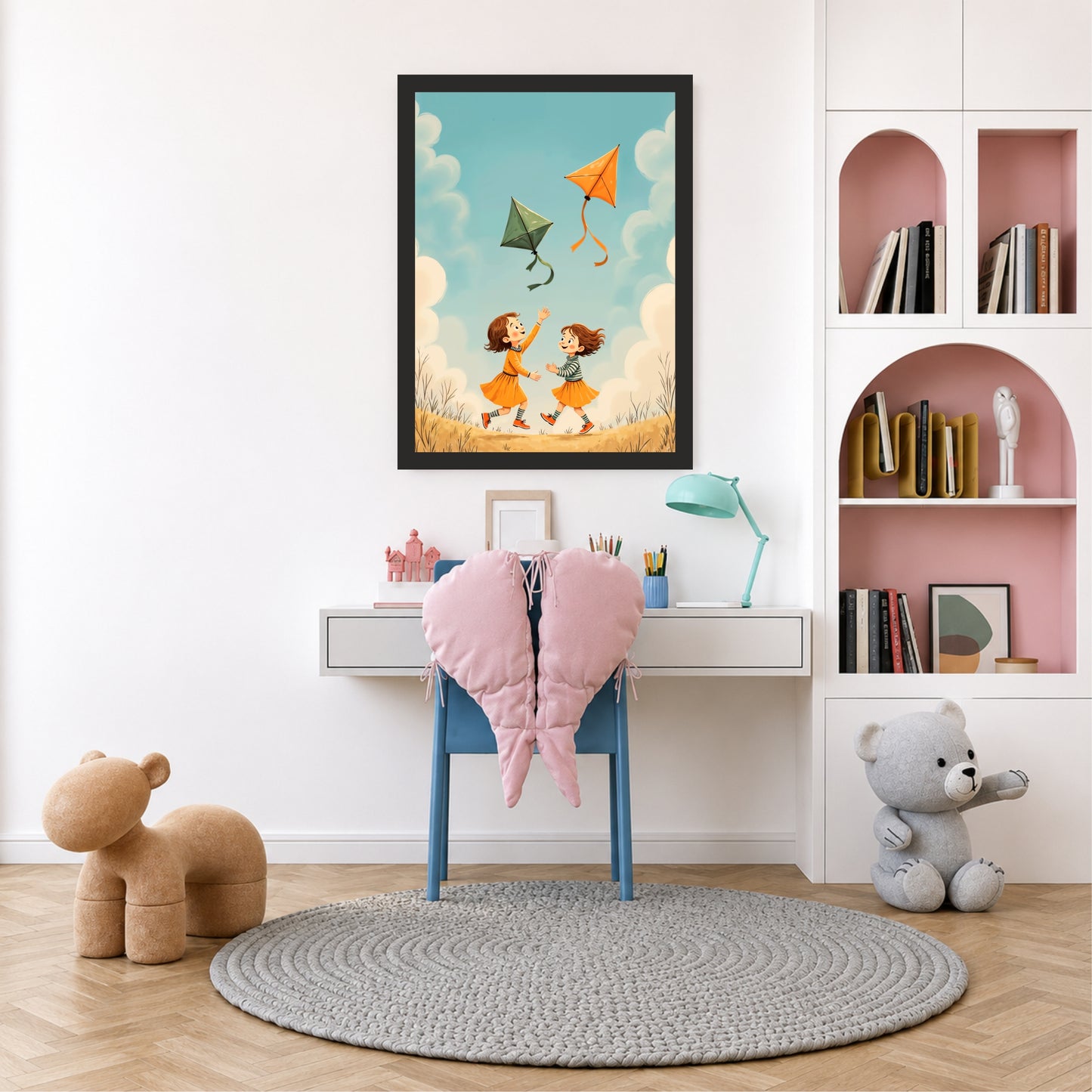 Kids Kite Flying Wall Art | Whimsical Cartoon Adventure Print