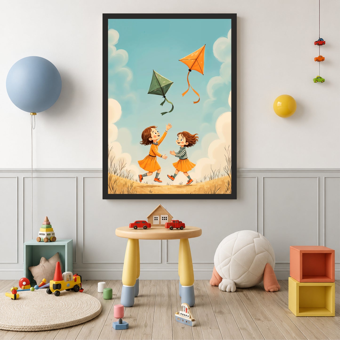 Kids Kite Flying Wall Art | Whimsical Cartoon Adventure Print