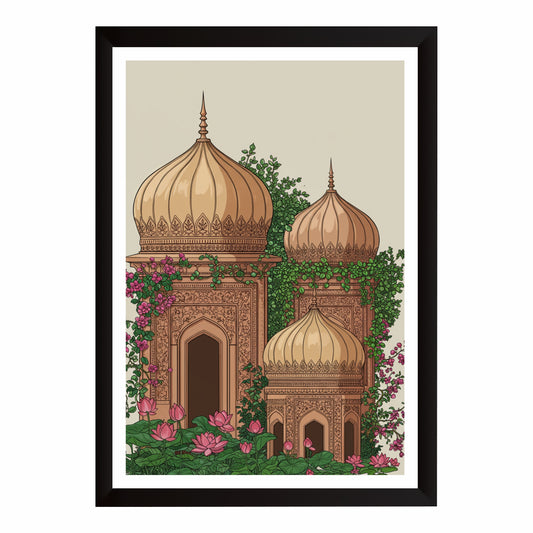 Mughal Architecture Wall Art | Royal Palace Dome Illustration | Traditional Indian Heritage Artwork | Vintage Floral Architectural Decor