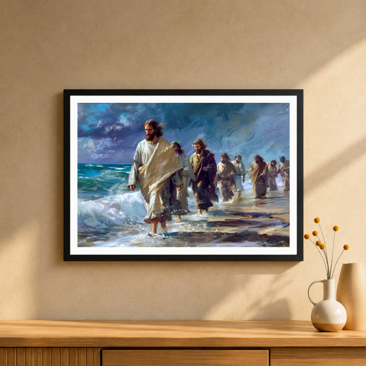 Jesus Walking on Water Wall Art | Christ with His Disciples Christian Artwork | Biblical Seascape Religious Decor | Inspirational Christian Home Wall Frame