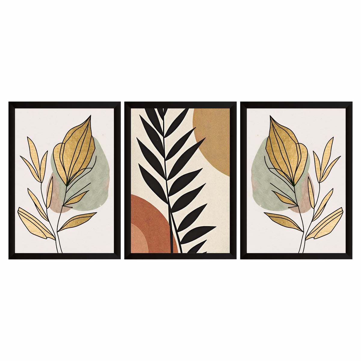 Abstract Botanical Leaf Wall Art Set of 3 – Modern Black Gold & Neutral Prints