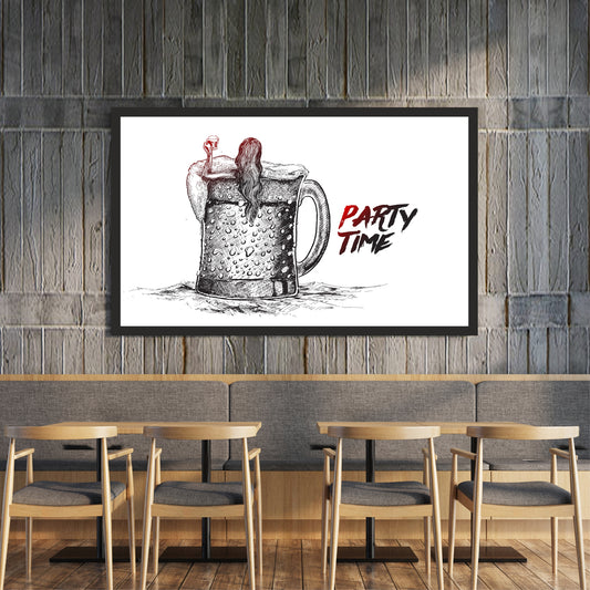 Beer Wall Art | Framed Party Time Beer Mug Artwork | Modern Bar & Pub Décor | Beer Lover Gift