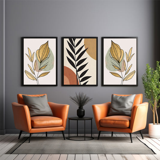 Abstract Botanical Leaf Wall Art Set of 3 – Modern Black Gold & Neutral Prints