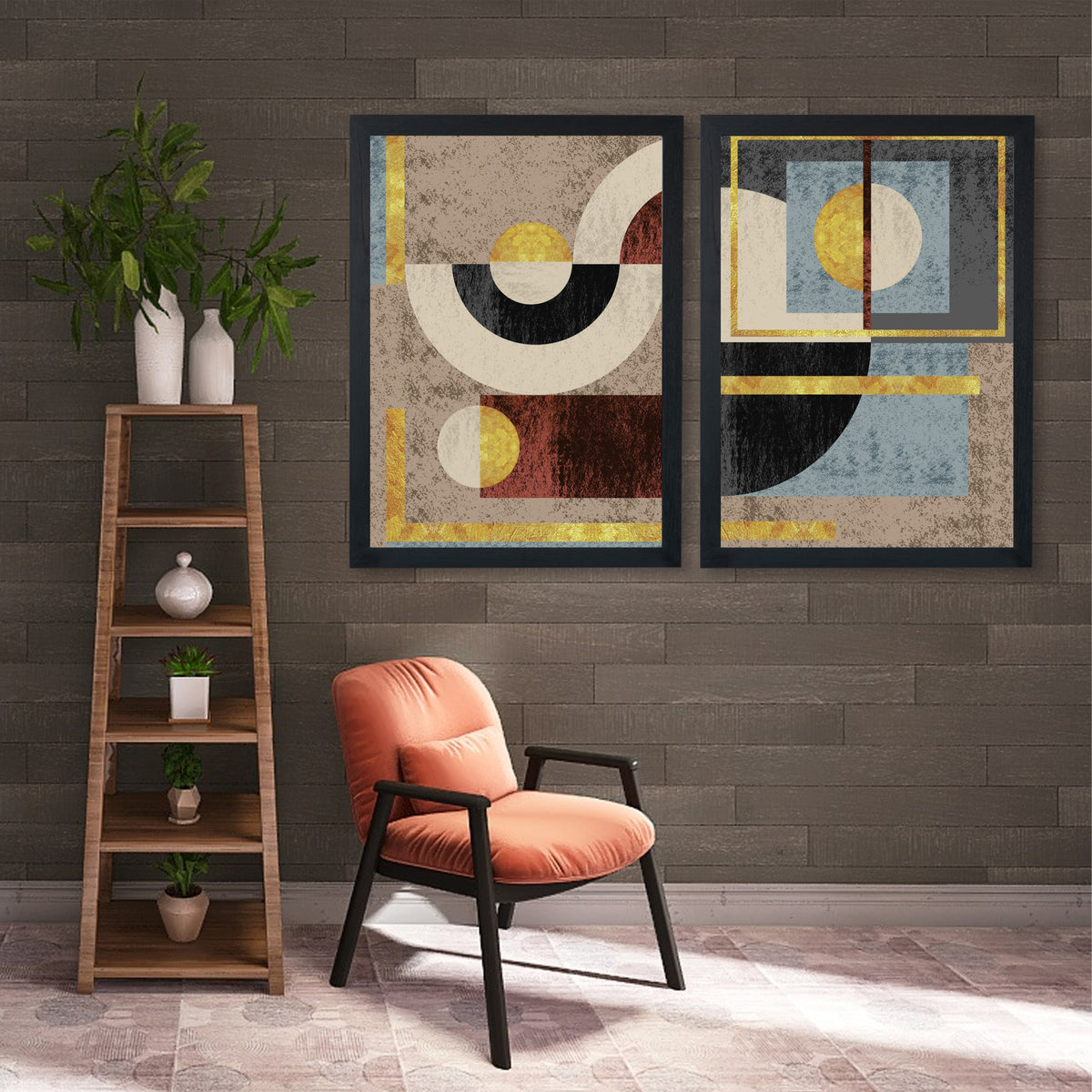 Geometric Abstract Wall Art Set of 2 | Gold & Neutral Modern Prints