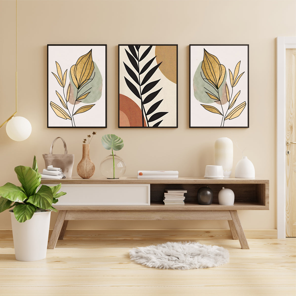 Abstract Botanical Leaf Wall Art Set of 3 – Modern Black Gold & Neutral Prints