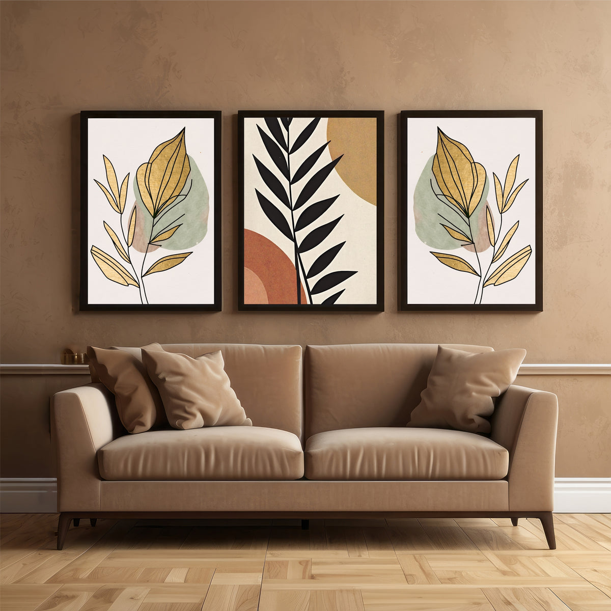 Abstract Botanical Leaf Wall Art Set of 3 – Modern Black Gold & Neutral Prints