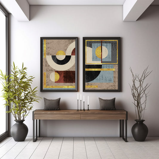 Geometric Abstract Wall Art Set of 2 | Gold & Neutral Modern Prints