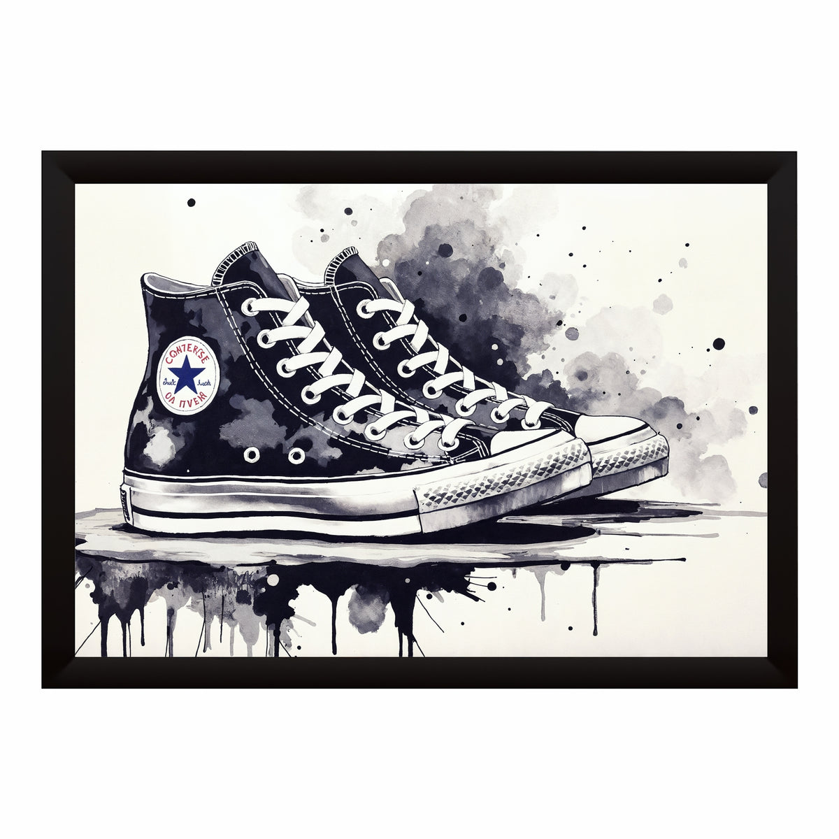 Sneaker Watercolor Wall Art | High Top Shoes Artwork | Black & White Decor