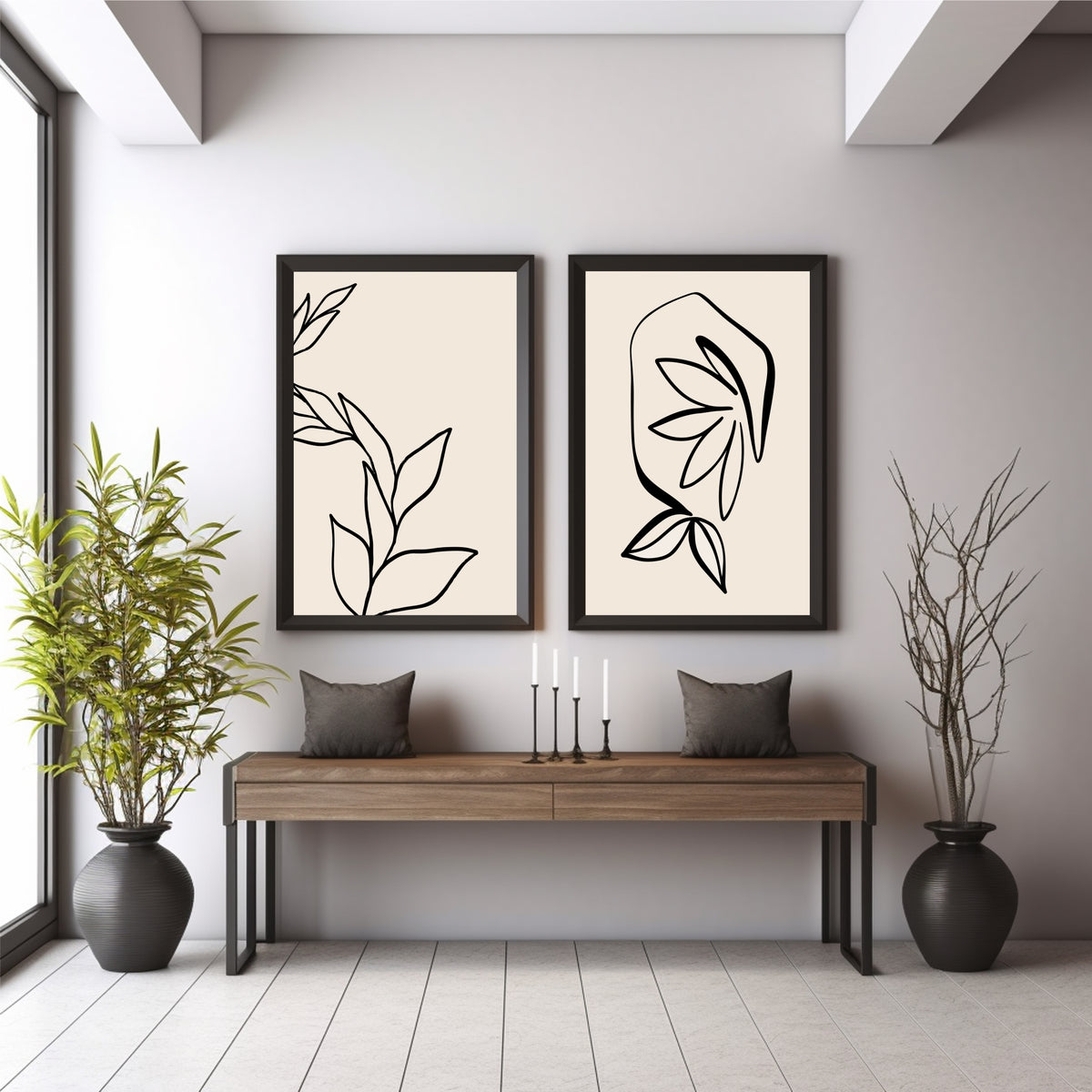 Minimalist Botanical Line Art Wall Art Set of 2 | Abstract Leaf Prints | Modern Neutral Decor
