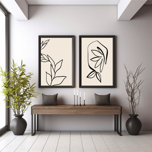 Minimalist Botanical Line Art Wall Art Set of 2 | Abstract Leaf Prints | Modern Neutral Decor