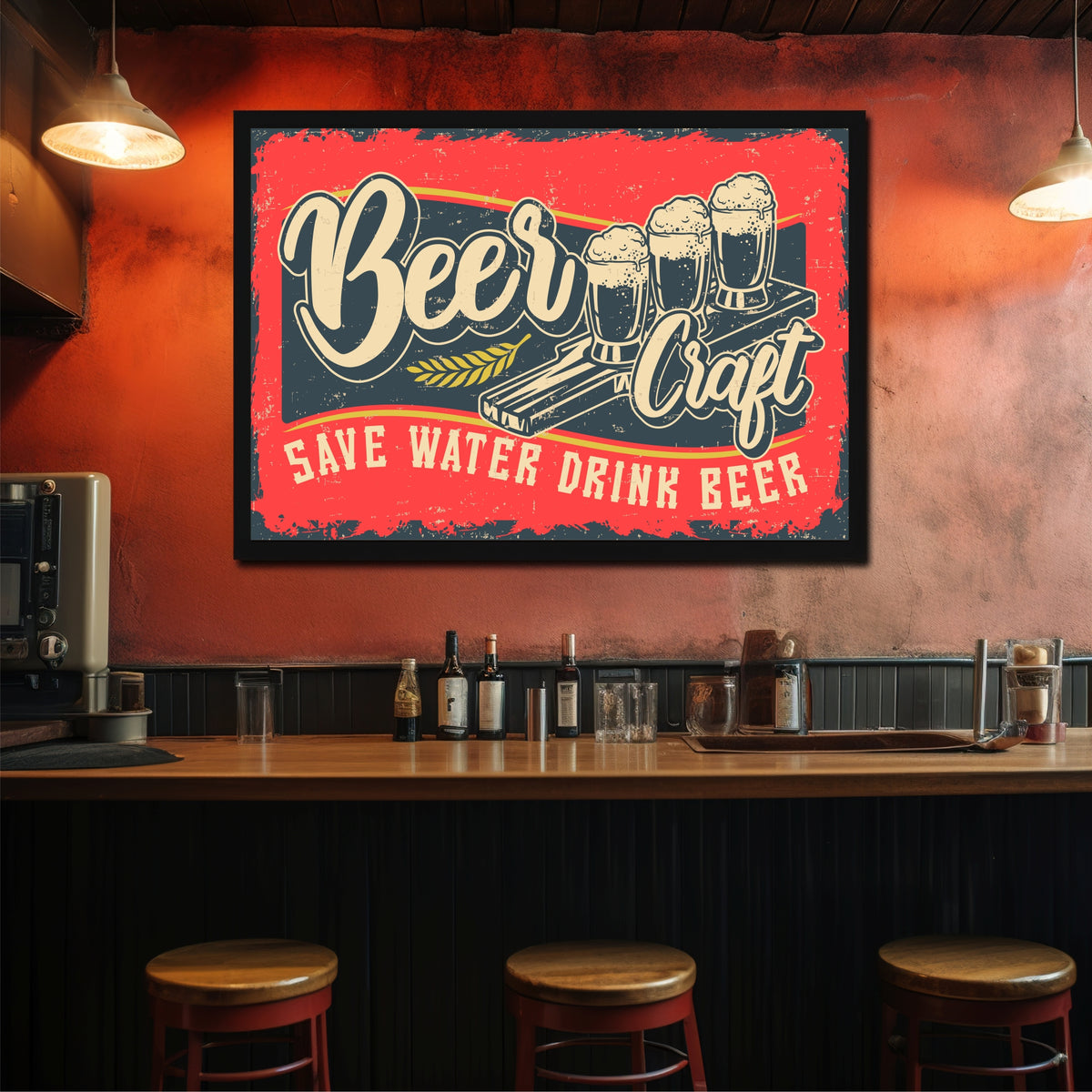 Beer Wall Art | Framed Beer Craft Vintage Artwork | Save Water Drink Beer Décor | Bar & Pub Wall Décor