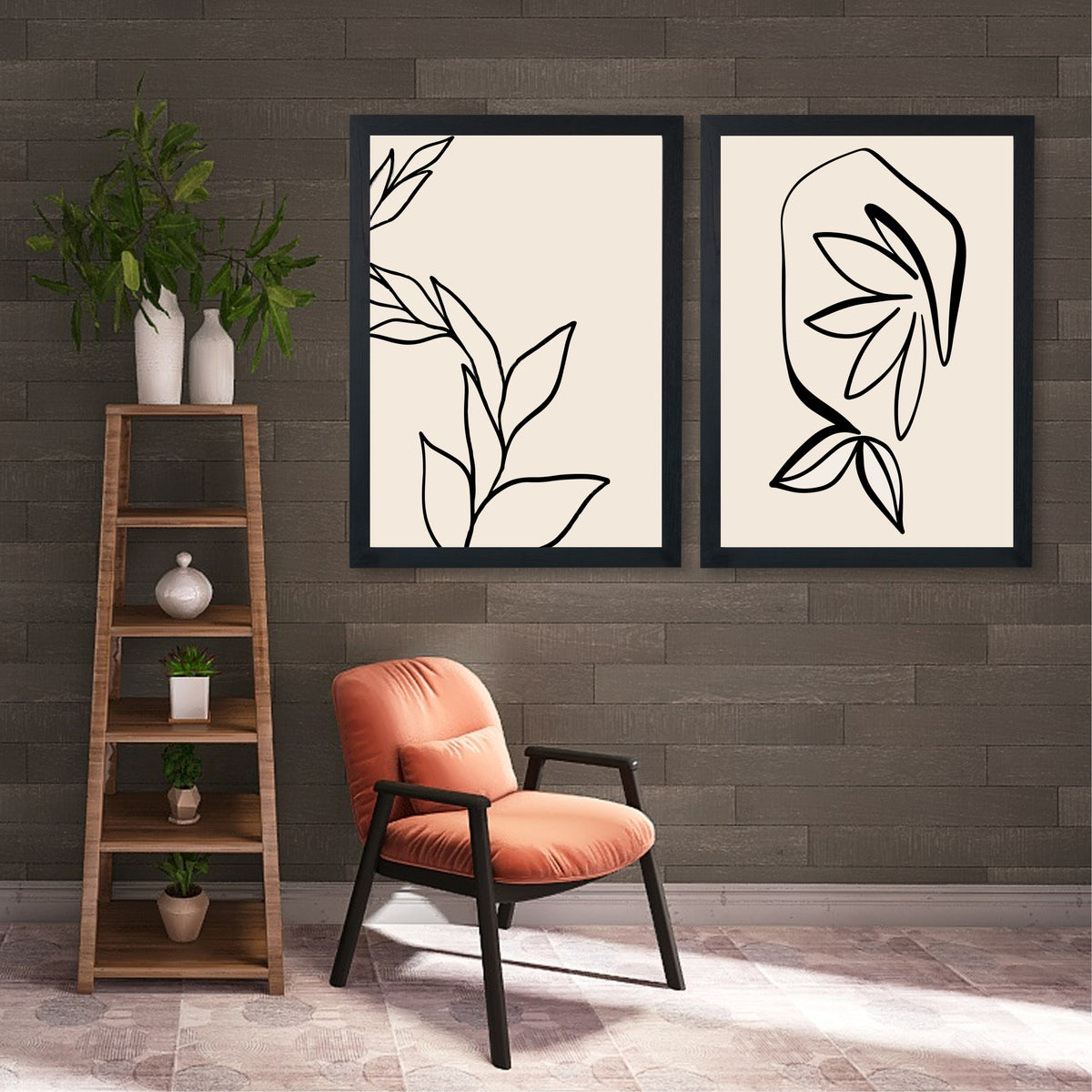 Minimalist Botanical Line Art Wall Art Set of 2 | Abstract Leaf Prints | Modern Neutral Decor
