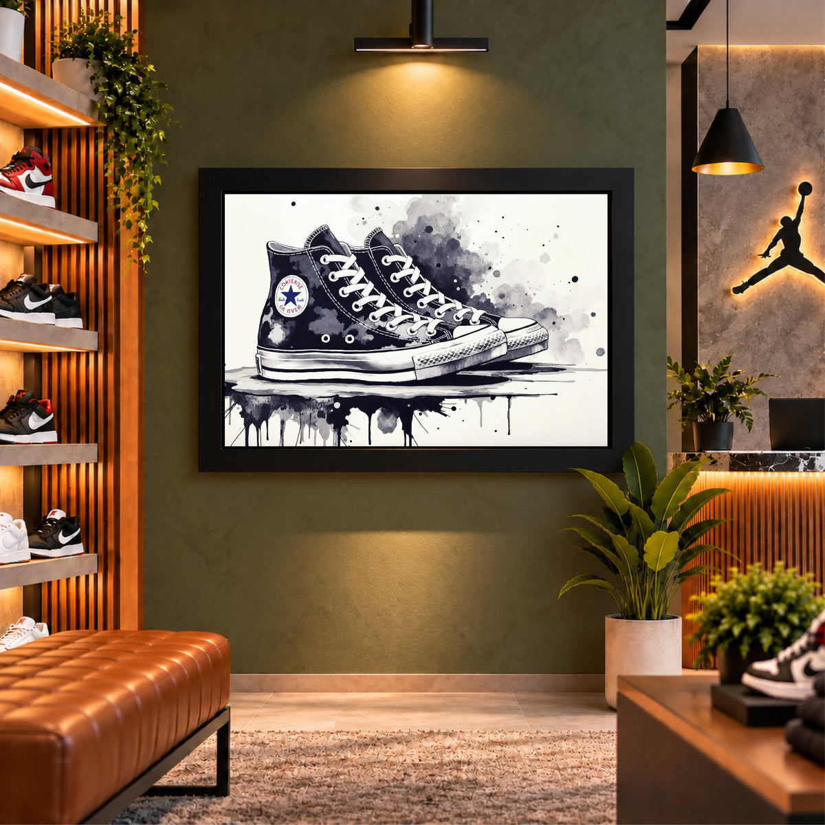 Sneaker Watercolor Wall Art | High Top Shoes Artwork | Black & White Decor