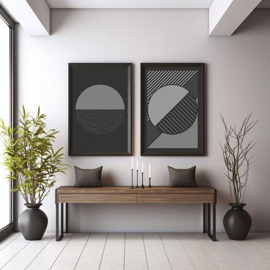 Minimalist Geometric Wall Art Set of 2 | Black & Grey Modern Prints