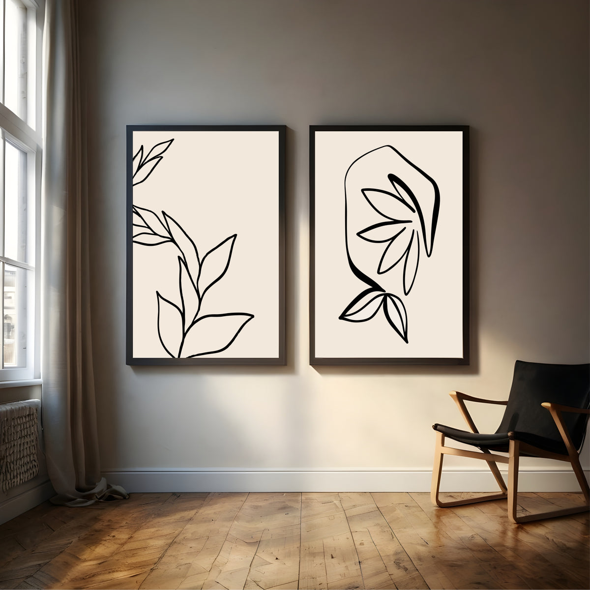 Minimalist Botanical Line Art Wall Art Set of 2 | Abstract Leaf Prints | Modern Neutral Decor