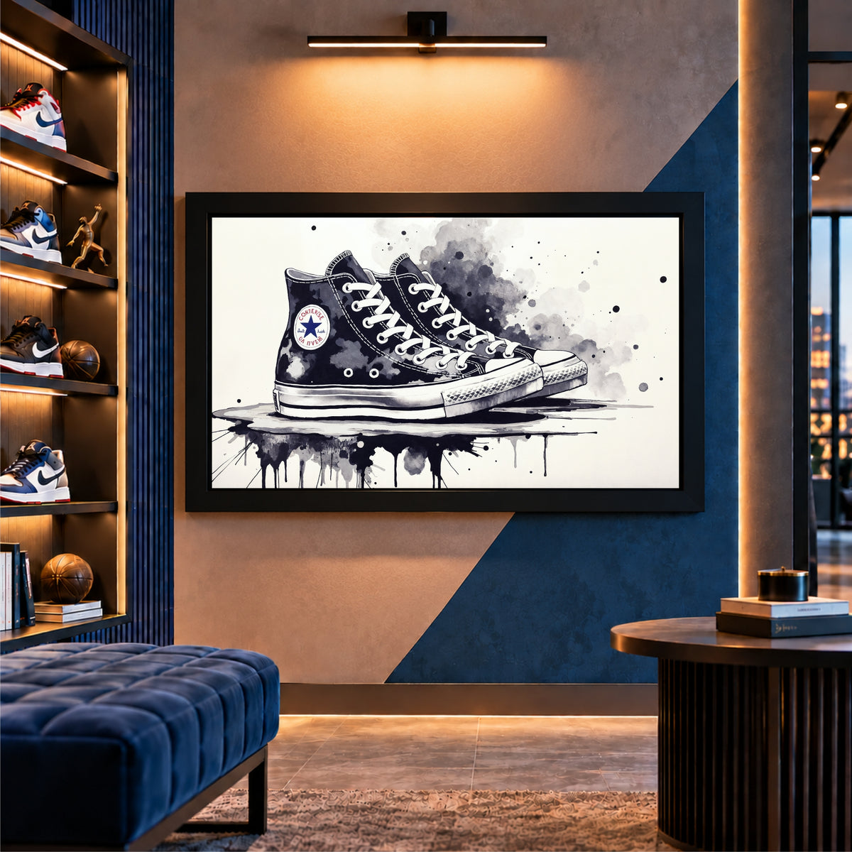 Sneaker Watercolor Wall Art | High Top Shoes Artwork | Black & White Decor