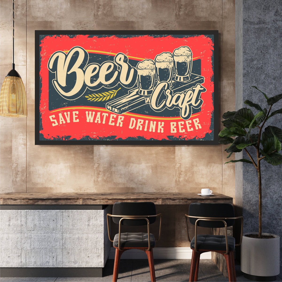 Beer Wall Art | Framed Beer Craft Vintage Artwork | Save Water Drink Beer Décor | Bar & Pub Wall Décor