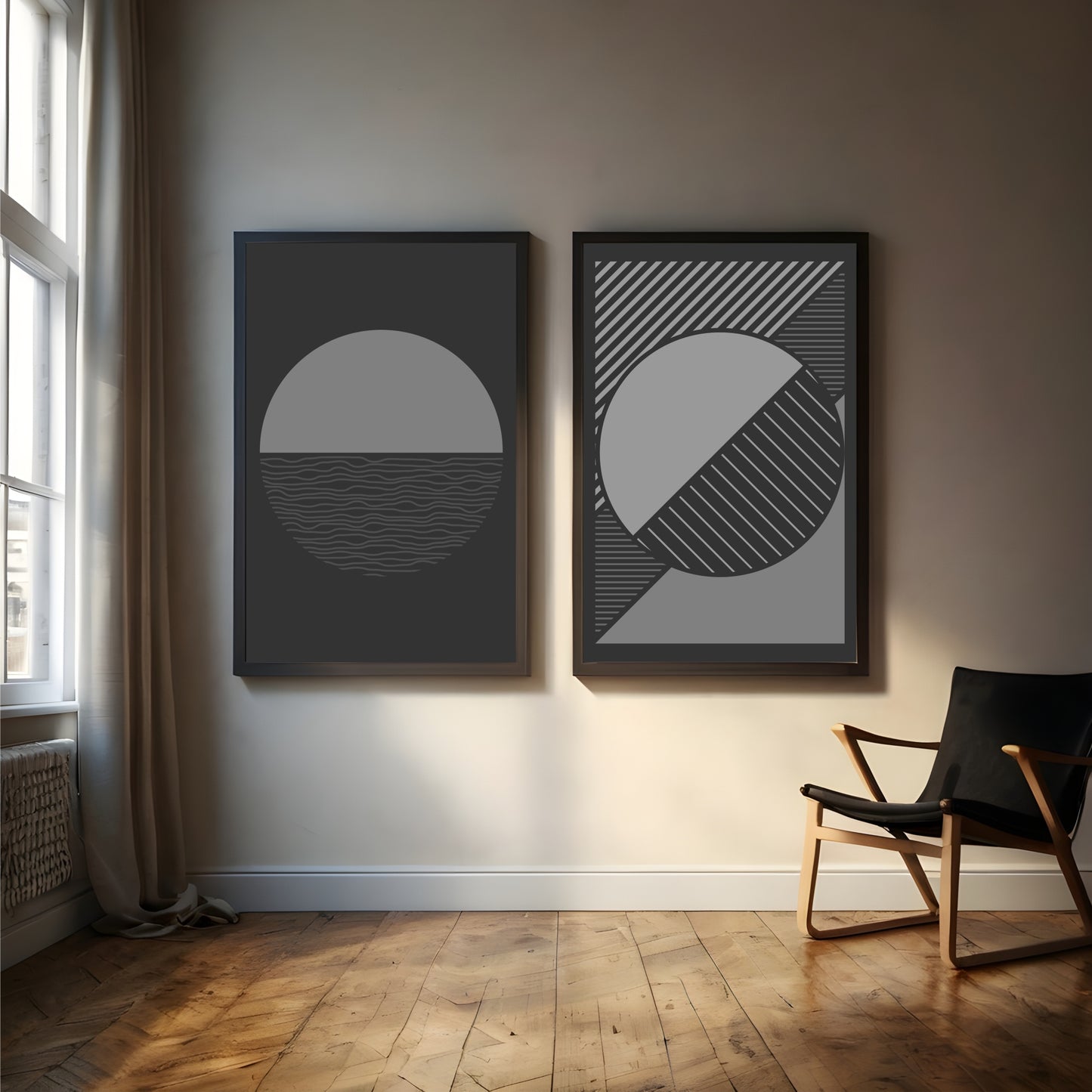 Minimalist Geometric Wall Art Set of 2 | Black & Grey Modern Prints