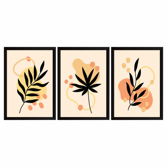 Abstract Botanical Leaf Wall Art Set of 3 – Modern Black & Orange Nature Prints