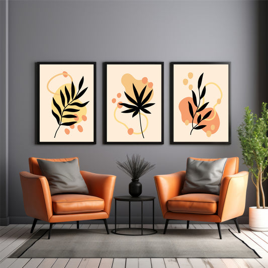 Abstract Botanical Leaf Wall Art Set of 3 – Modern Black & Orange Nature Prints