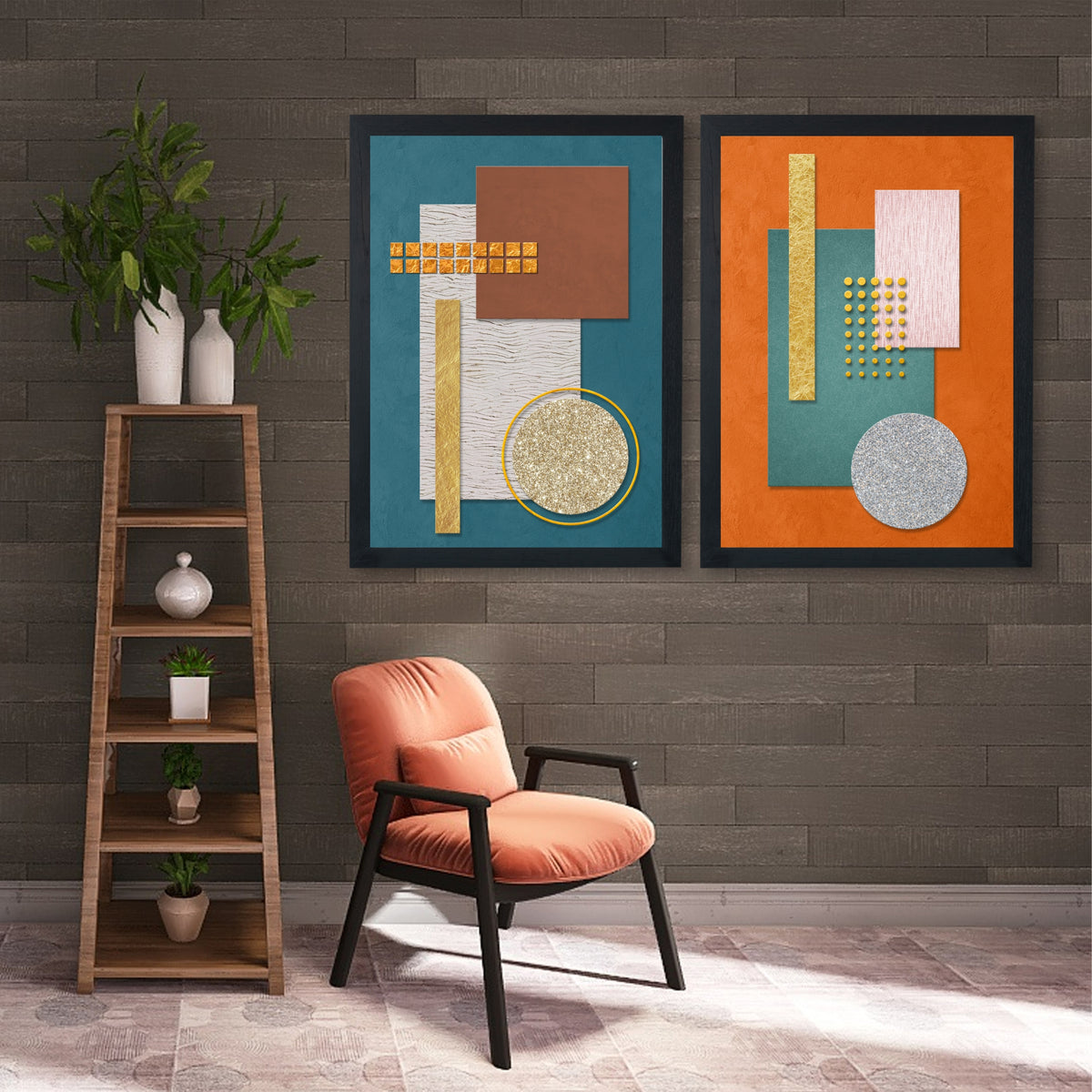 Modern Geometric Wall Art Set of 2 | Teal & Terracotta Abstract Prints