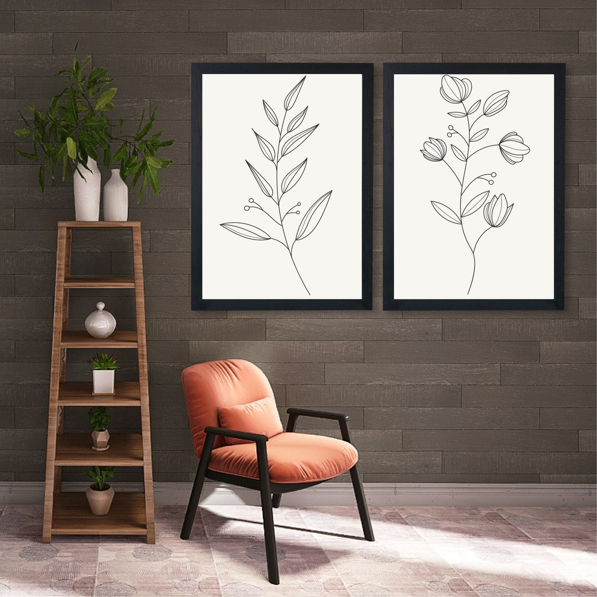 Botanical Flower Wall Art Set of 2 | Minimalist Floral Line Art Prints | Modern Neutral Decor