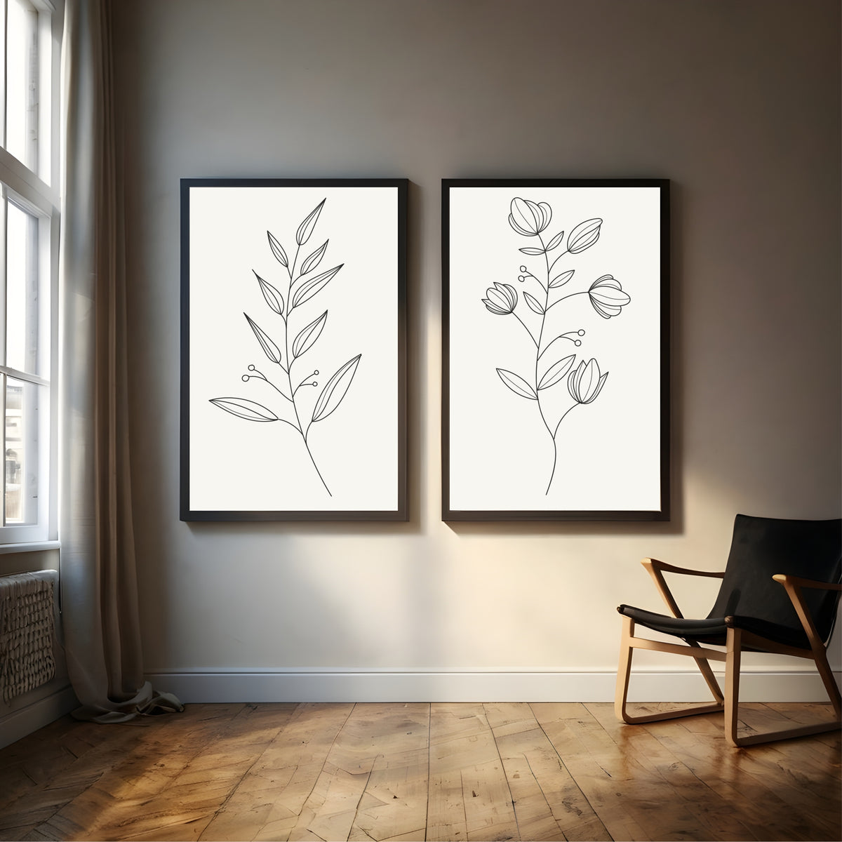 Botanical Flower Wall Art Set of 2 | Minimalist Floral Line Art Prints | Modern Neutral Decor