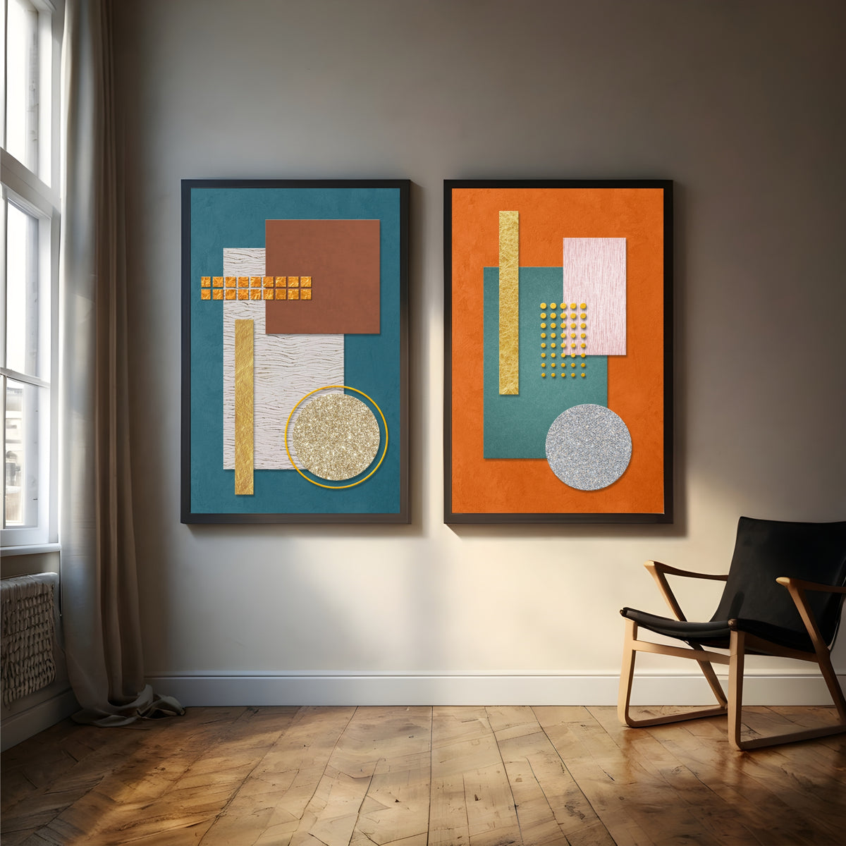 Modern Geometric Wall Art Set of 2 | Teal & Terracotta Abstract Prints