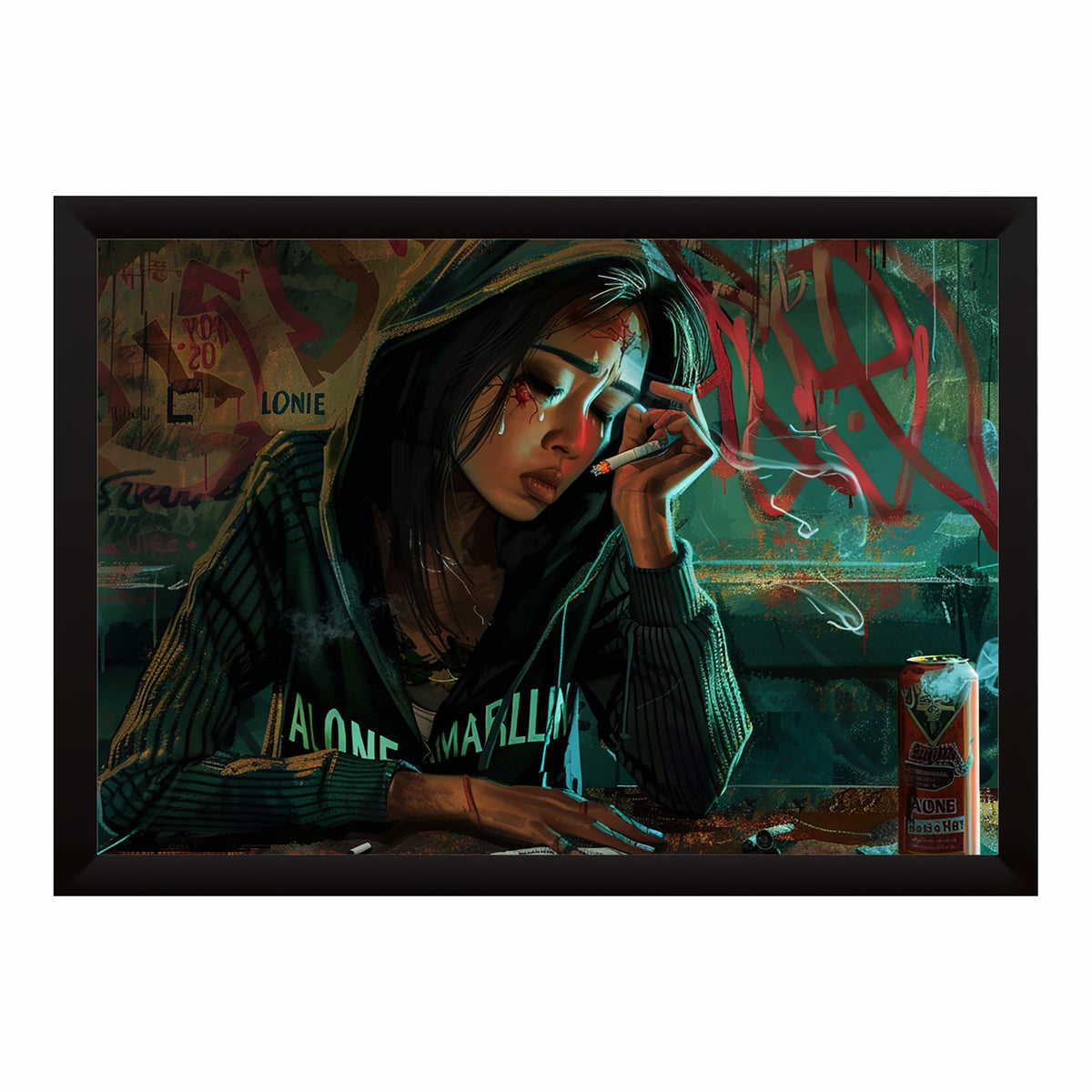 Smoking Girl Wall Art | Framed Urban Graffiti Girl Artwork | Moody Modern Street Art Décor | Contemporary Wall Décor