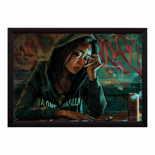 Smoking Girl Wall Art | Framed Urban Graffiti Girl Artwork | Moody Modern Street Art Décor | Contemporary Wall Décor