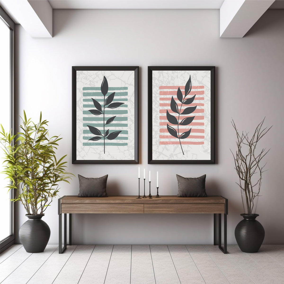 Modern Botanical Leaf Wall Art Set of 2 | Abstract Plant Prints | Sage Green & Blush Pink Decor