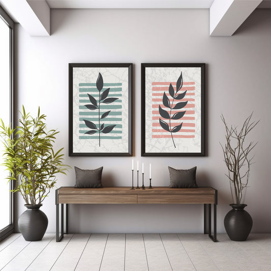 Modern Botanical Leaf Wall Art Set of 2 | Abstract Plant Prints | Sage Green & Blush Pink Decor