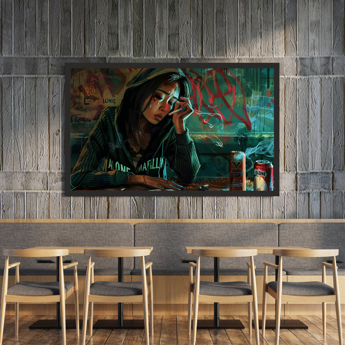 Smoking Girl Wall Art | Framed Urban Graffiti Girl Artwork | Moody Modern Street Art Décor | Contemporary Wall Décor